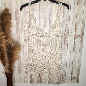 PHASE ONE LACE CROCHET OFF WHITE CREAM IVORY FRINGE BOHO GYPSY WESTERN LARGE LG